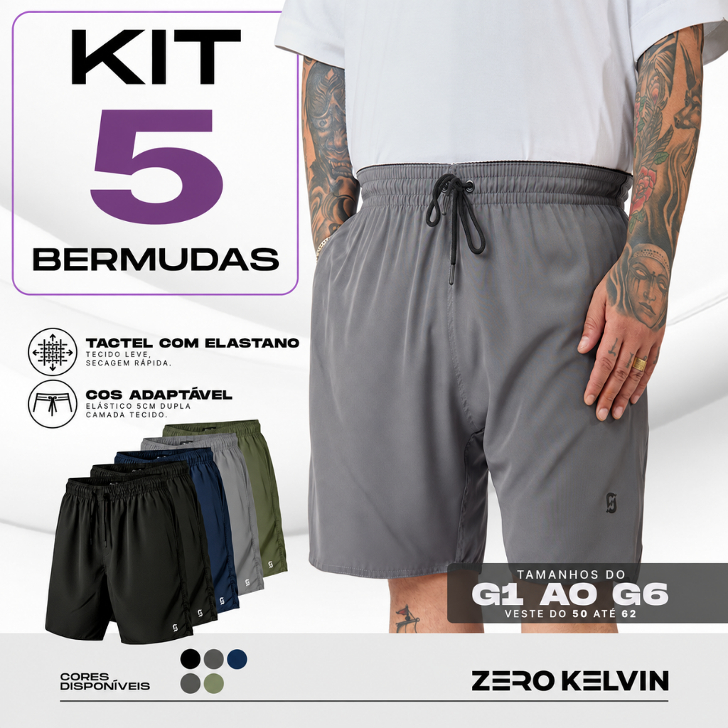 Kit 5 Bermudas Masculina Plus Size Tactel com Elastano Conforto com Elastano G1 a G6