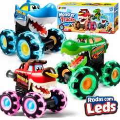 Kit 3 Carrinhos Monster Truck Fricção Luz LED Jacaré Tubarão Touro Menino