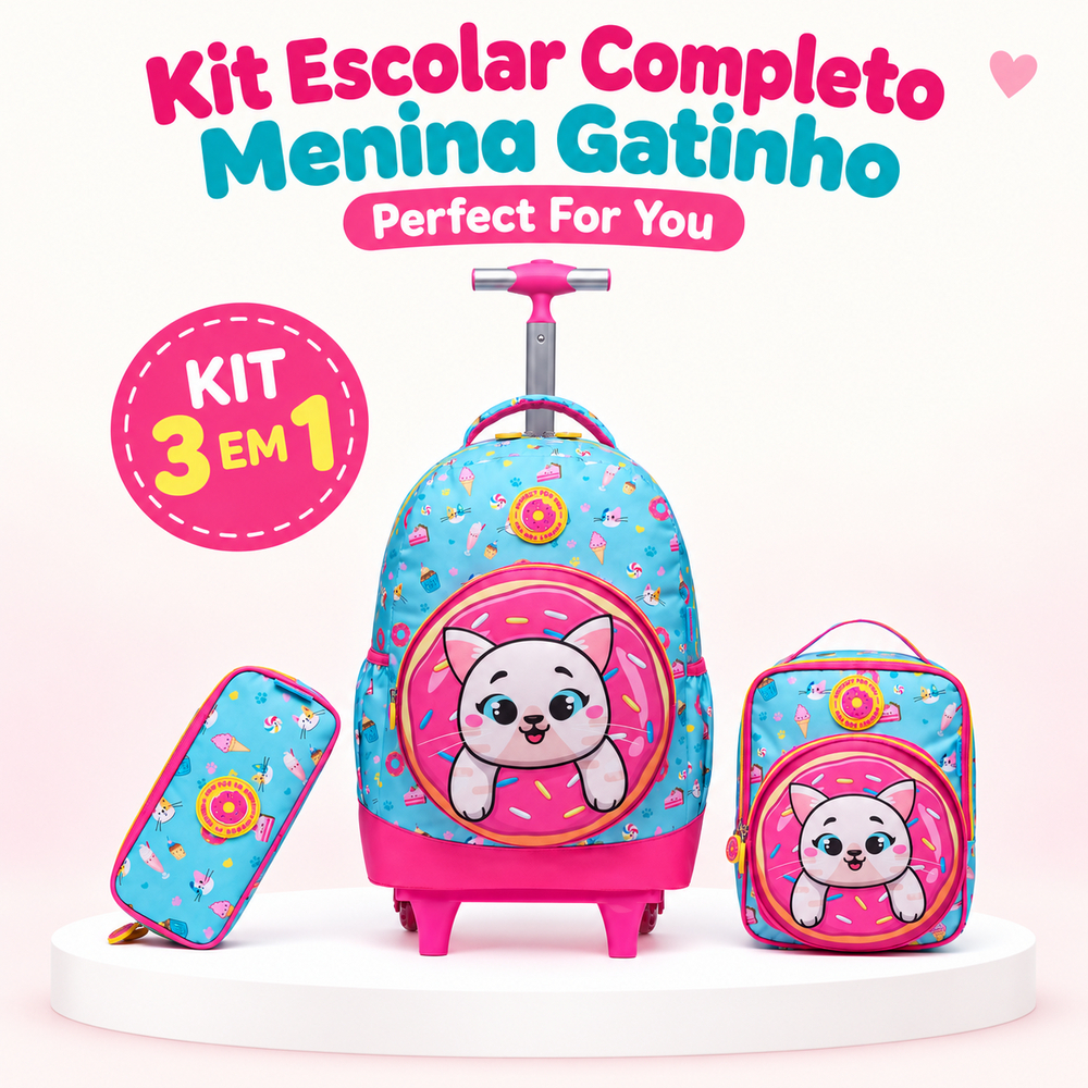 Kit Mochila de Rodinha Gatinho Feminina Infantil Estojo Escolar Lancheira Térmica
