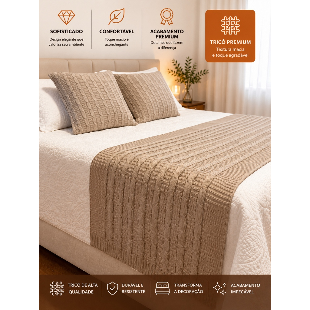 Kit Manta Peseira Trico Trança + 2 Capas Almofadas Cama Posta Solteiro Sofá Casal Queen King