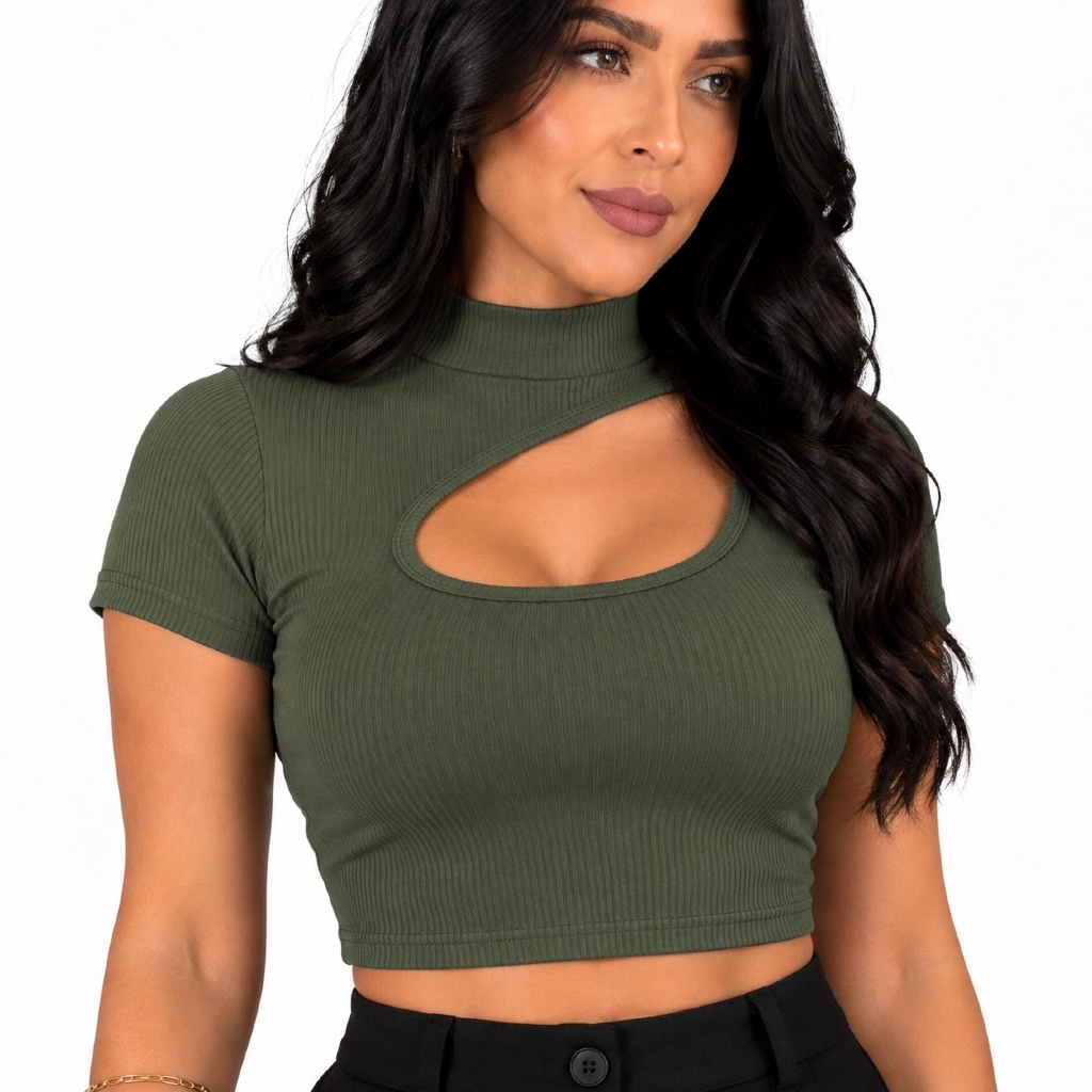 Blusa Feminina Estilosa Cropped Feminino De Malha Canelada Casual Decotada