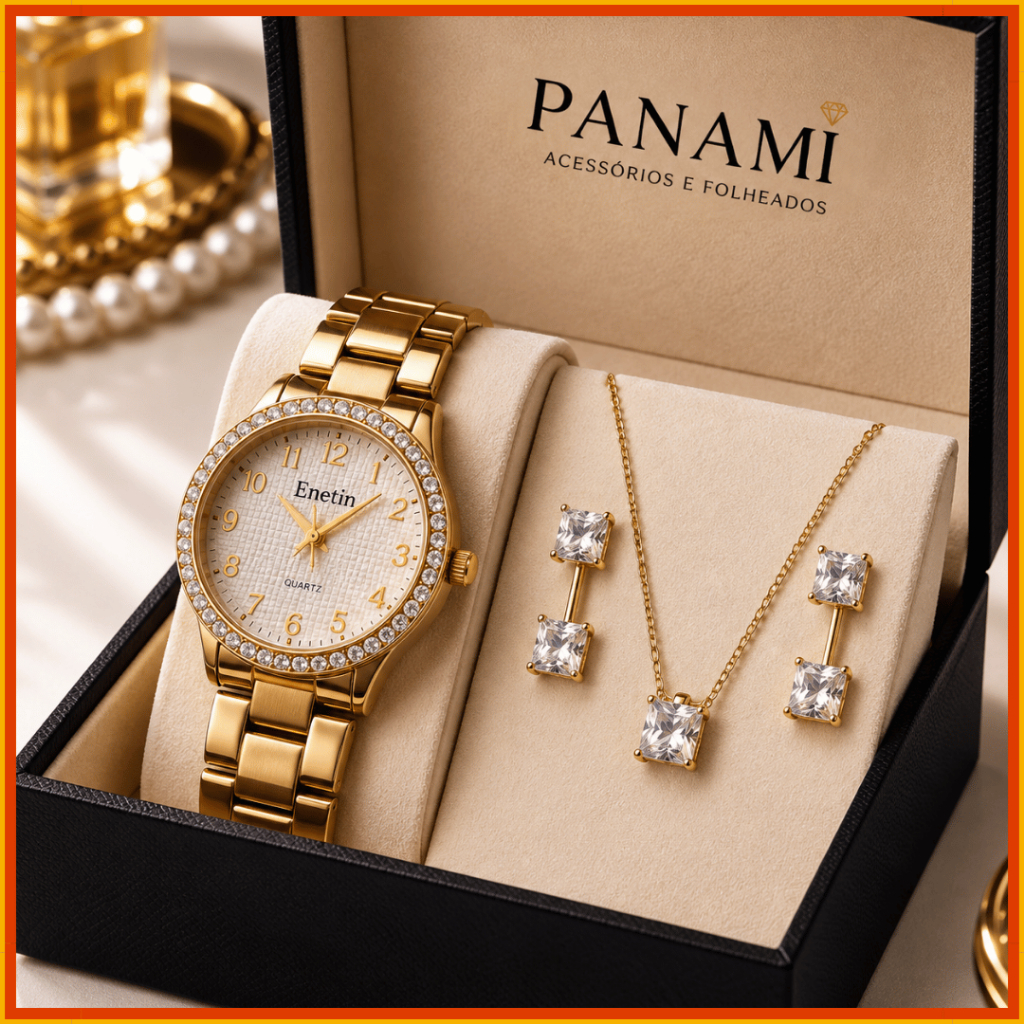 Conjunto relógio feminino brinco e colar Virginia cristal folheado -  presente dia dos namorados