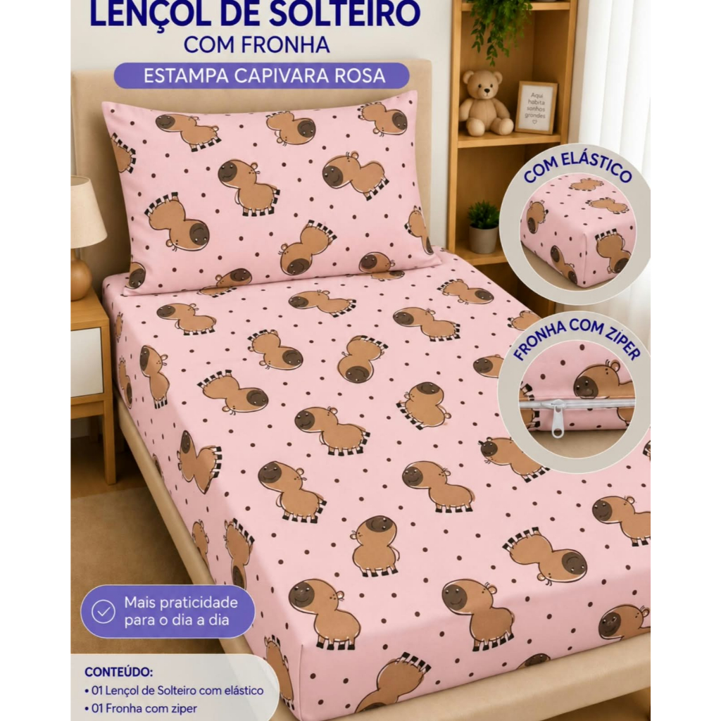 Forro para cama infantil com elastico e com fronha do tema Capivara 1,88m x 88cm