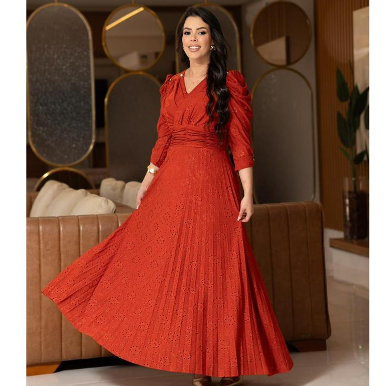Vestido Longo Juliana no Tecido Malha Lese Premium Elegante Plissado Ideal para Momentos Especiais