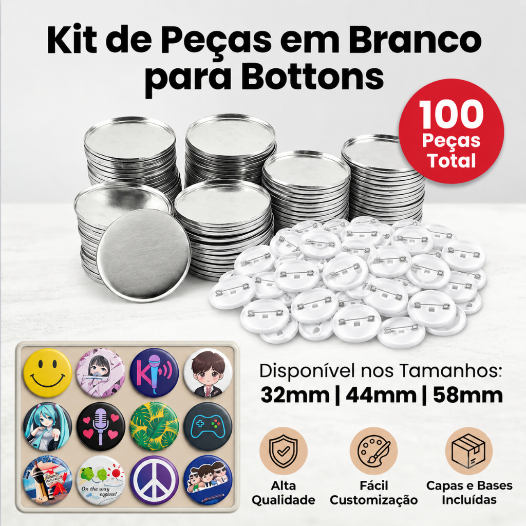 32mm/44mm/58mm Bottons Brancos 100 Kit Para Crachá Deslizante Máquina De Button