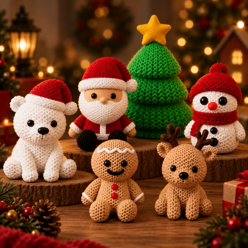 Enfeite de Natal Personagens Natalinos Efeito Crochê Papai Noel Rena Boneco de Neve Decoração