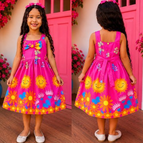VESTIDO INFANTIL ROSA ESTAMPADO FLORAL COM LAÇO NA FRENTE E COSTAS LUXO 4-10 ANOS MENINA PRINCESA CASUAL CONFORTAVEL