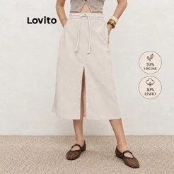 Lovito Saia Midi Linho Like Alfaiataria com Cinto Casual Elegante BRSKB924BRL954