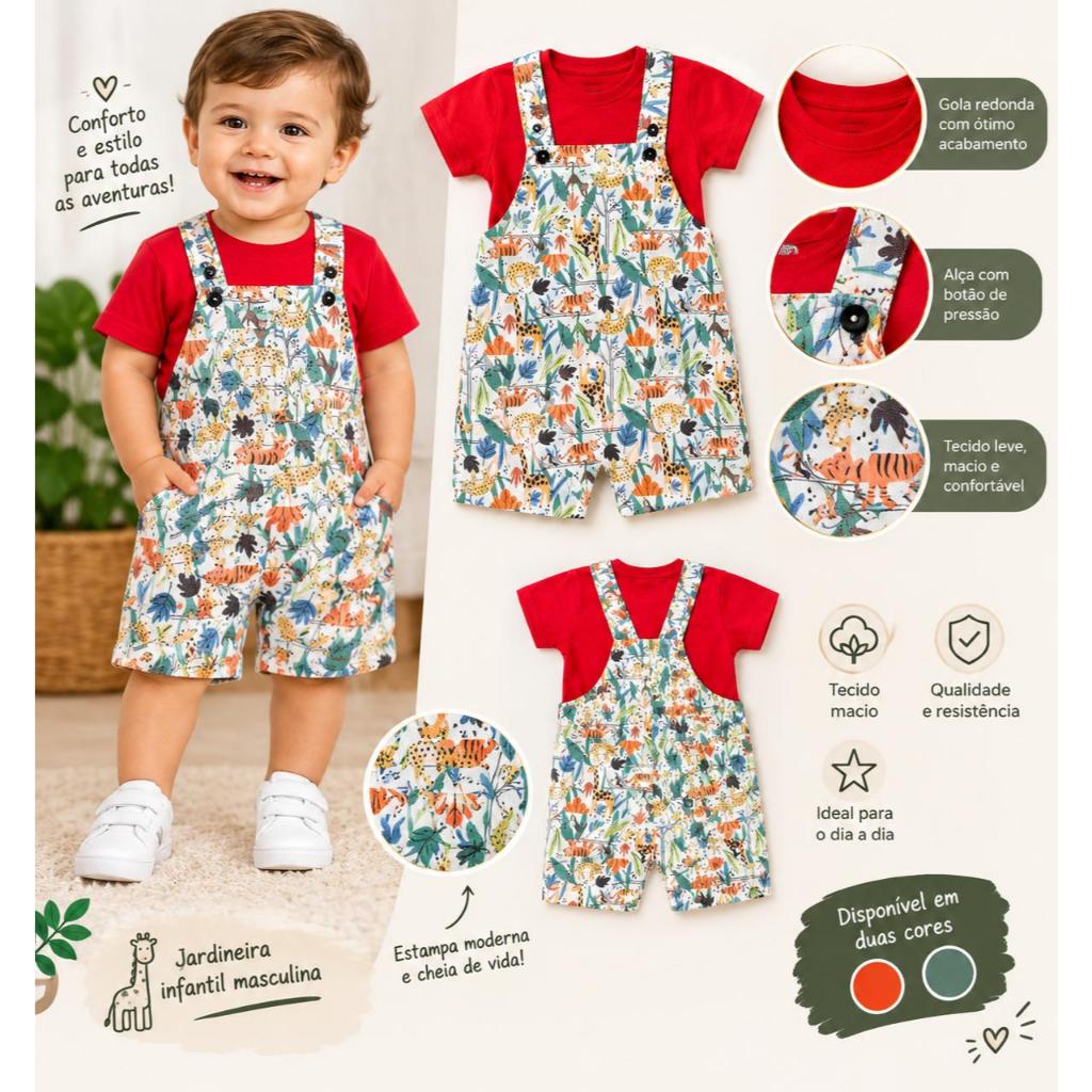 Jardineira Infantil Masculina Estampa Safari com Camiseta Manga Curta  Conjunto Infantil