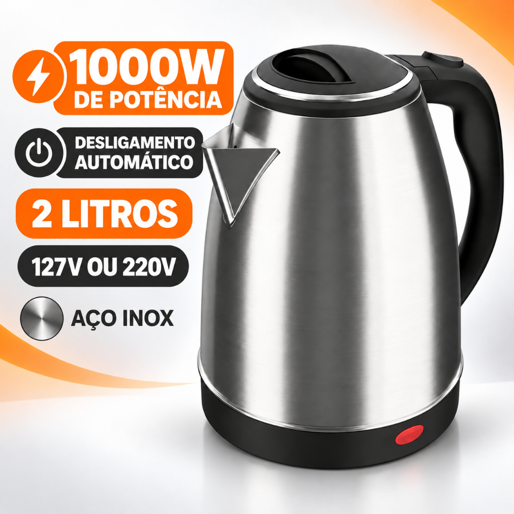 Chaleira Elétrica Inox 2 Litros Desliga Automática Esquenta Chá Ferve Água Super Rápido 110v ou 220v