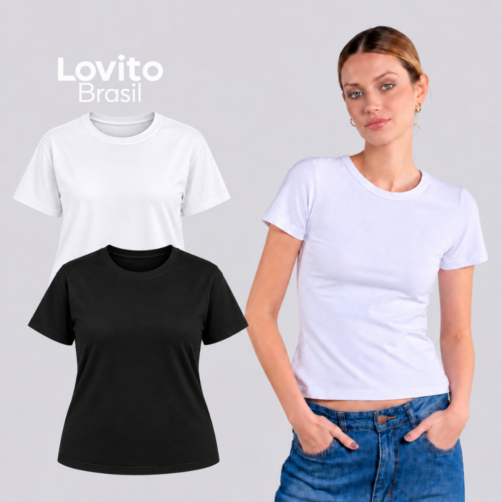 Lovito Kit 2 Camisetas Baby Look Feminina Algodão Básica TSB20442074