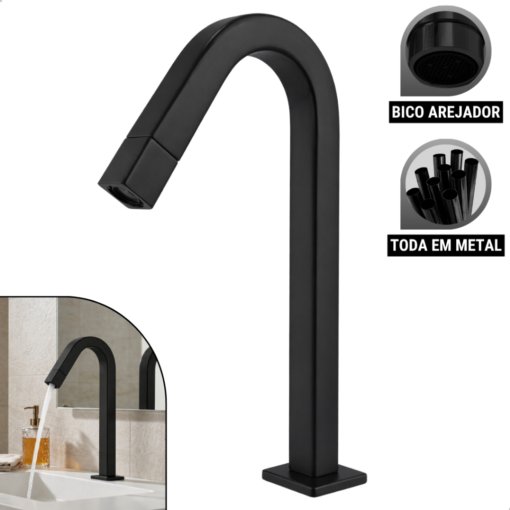 Torneira Banheiro Lav. Quadrada Preto Black Pratica Clean