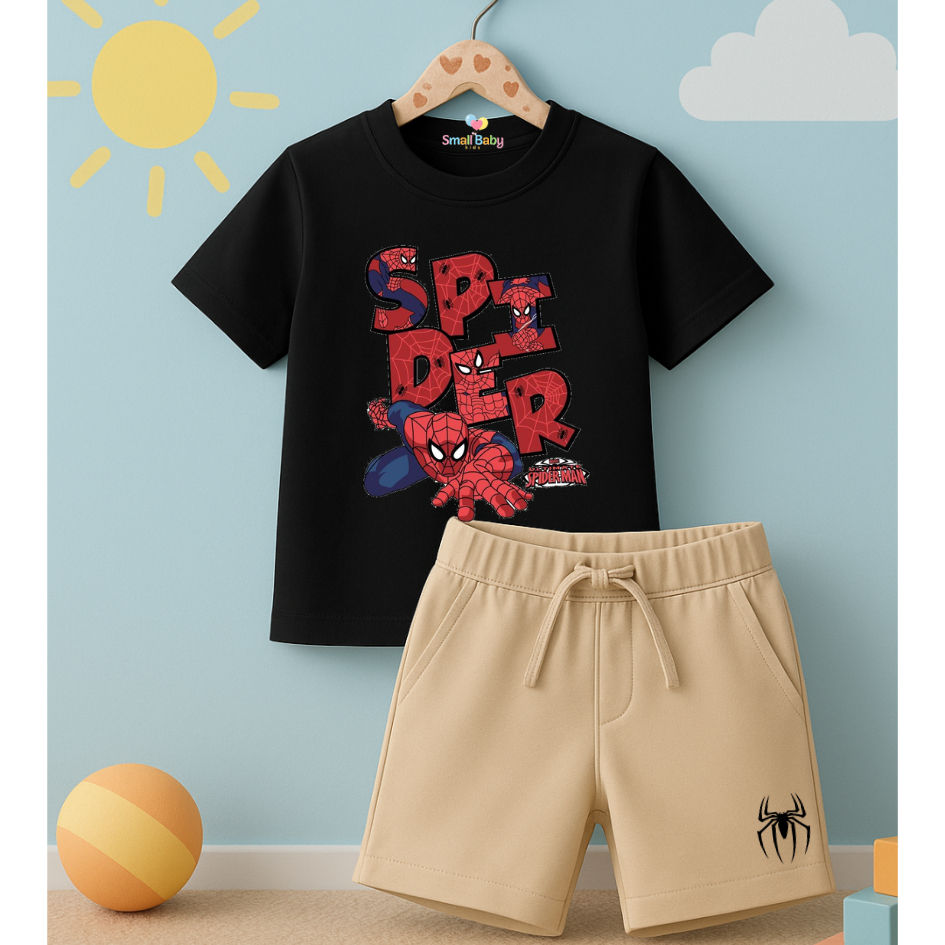 Conjunto Infantil Camiseta e Short Moletinho Heróis Spider Homem Aranha Desenho Personagem Estampado