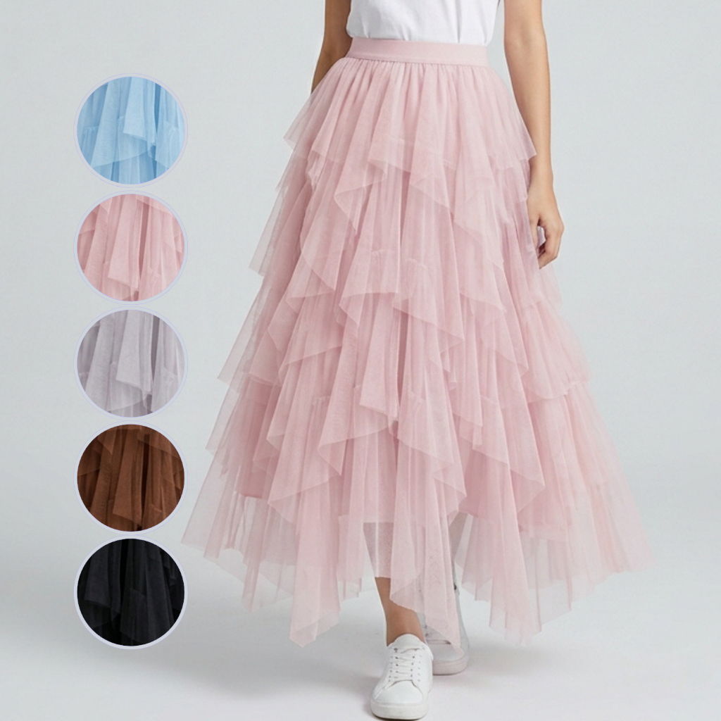 Saia Tule Midi Plissada Camadas Cintura Alta Elástica Elegante Moda Evangélica Festa