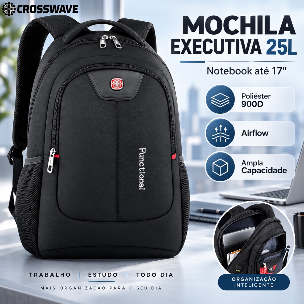 Mochila Executiva Crosswave 25L para Notebook 17” Poliéster 900D Airflow Trabalho Viagem