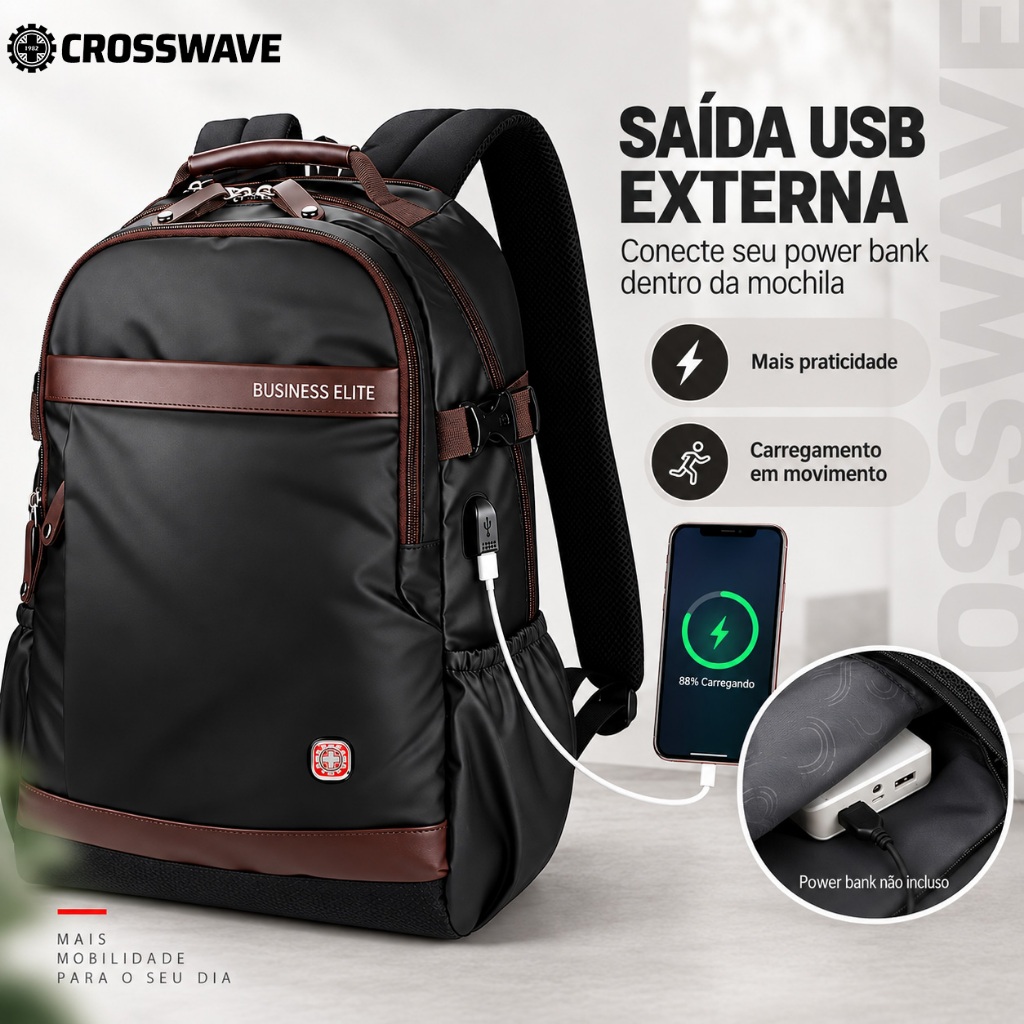 Mochila Masculina para Notebook 17” e Tablet 9” Executiva 20L com USB Antifurto Trabalho Faculdade Crosswave