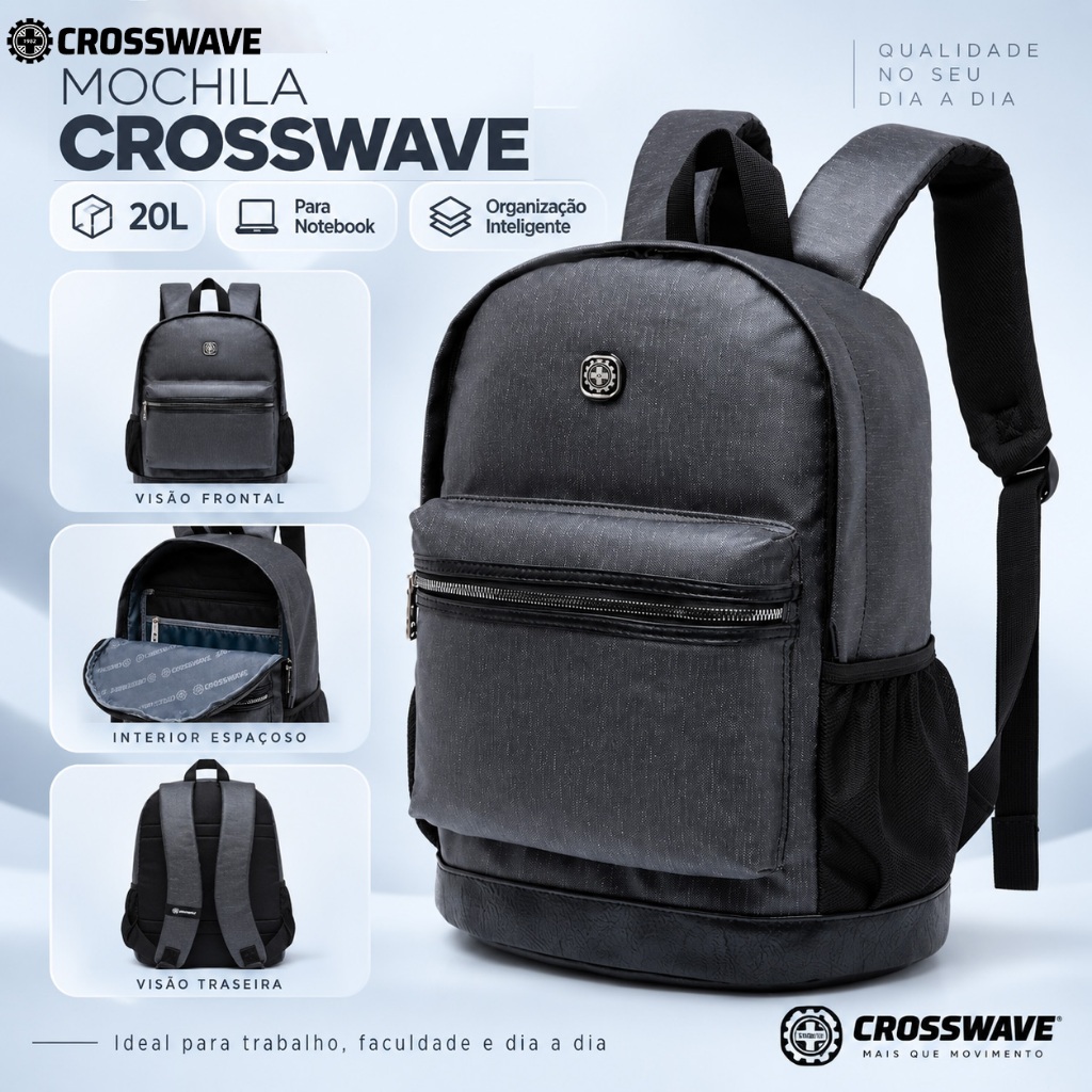 Crosswave Mochila Executiva 20L para Notebook com Costas Acolchoadas e Alças Ajustáveis