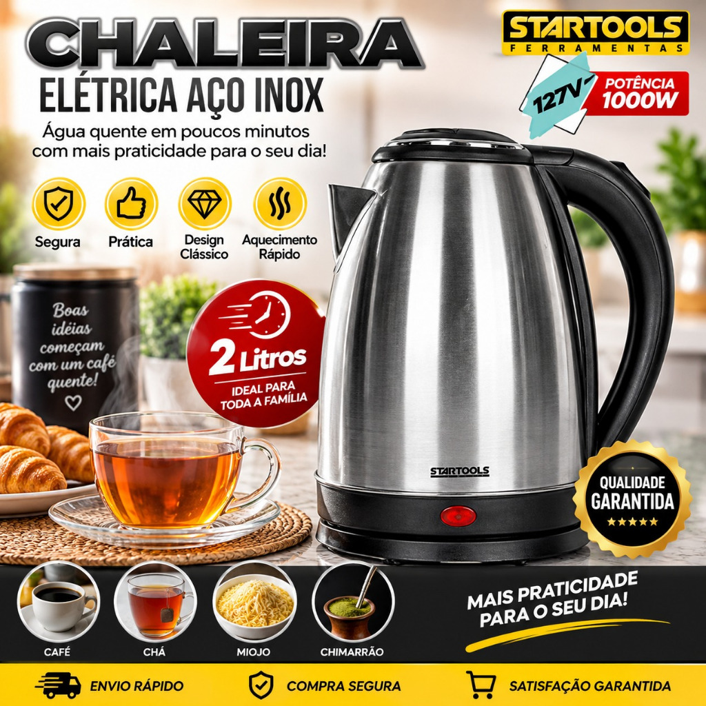 Chaleira Eletrica Inox Capacidade 2 Litros Rapido Aquecimento 127v Design Moderno Duravel