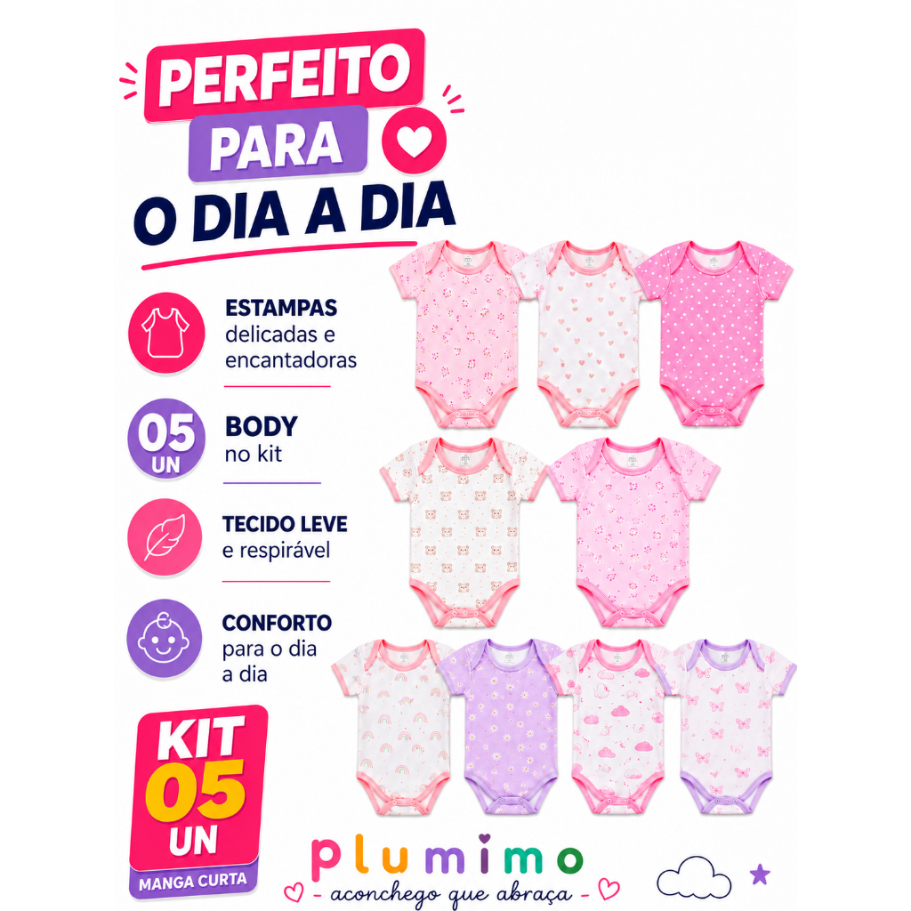 Kit 05 Body Bebe Manga Curta Estampado Malha Algodão Confortável Menino E Menina