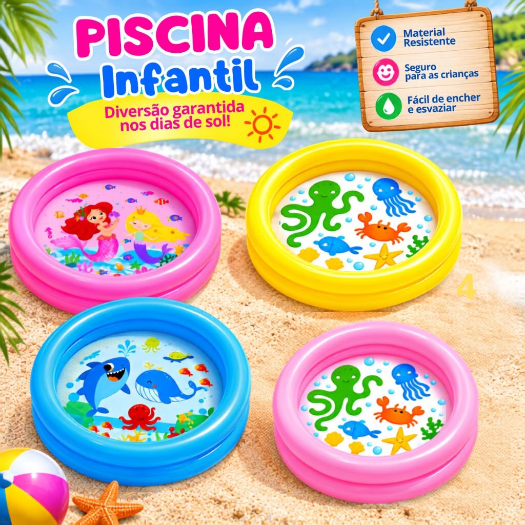 Piscina Inflável Infantil 2 Gomos 21 Litros Vinil Criança Praia Verão +2 Anos