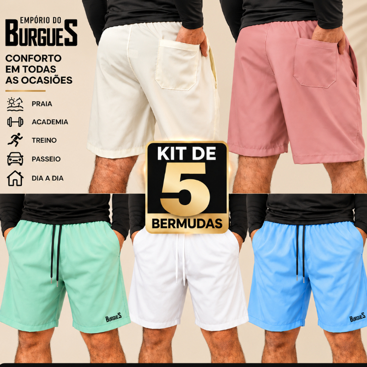 KIT 5 BERMUDAS MASCULINAS TACTEL PREMIUM COM ELASTANO BOLSOS CORDÃO PRAIA ACADEMIA TREINO CORRIDA CASUAL