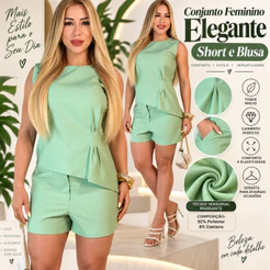 Conjunto Feminino Elegante Sensorial Marrante Blusa Sem Manga + Short Cintura Alta