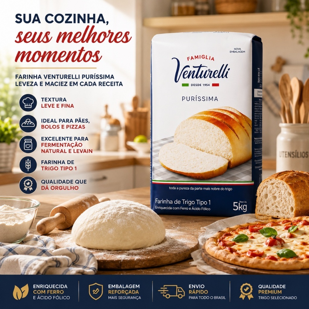 Farinha de Trigo Venturelli 5kg - Ideal para Confeitaria e Pães Especiais