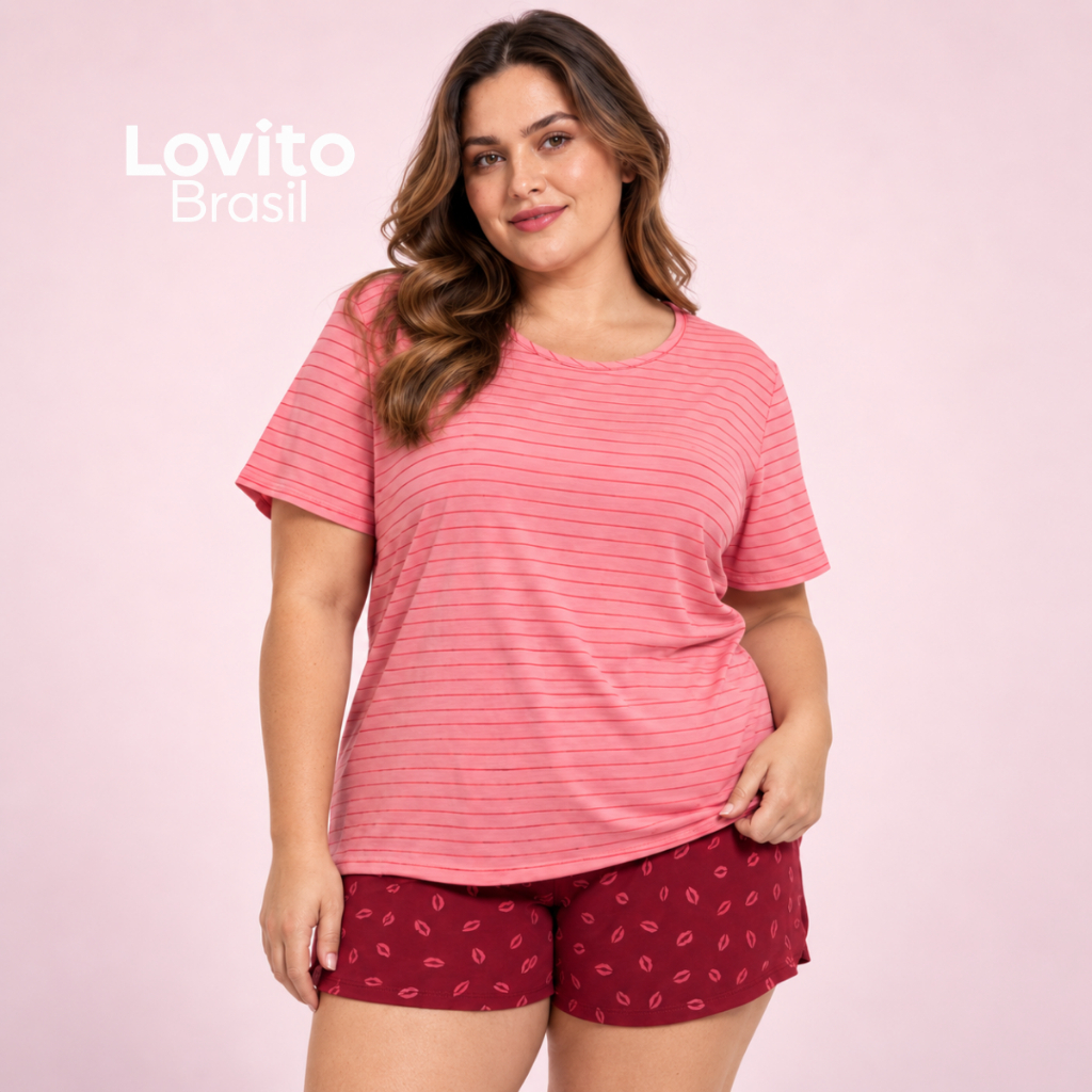 Lovito Conjunto Pijama Shorts Estampado Plus Size PJB20222052