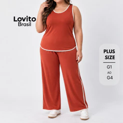 Lovito Plus Size Conjunto Regata e Calça de Malha com Listra PSB1221BRL1251