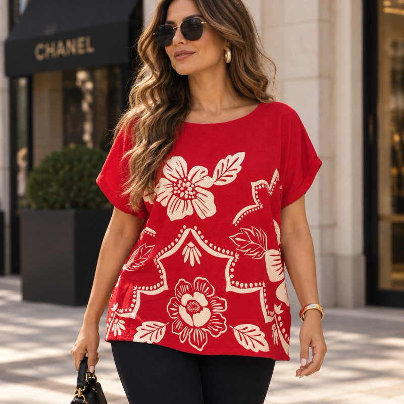 Blusa Feminina Ampla Elegante Confortável Manga Curta Estampada Soltinha