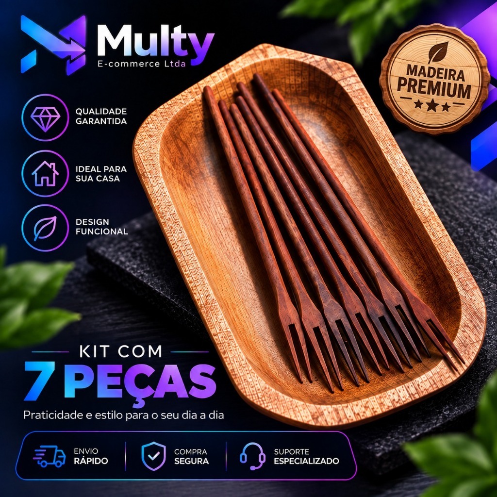 Kit 7 peças caiacão gamela com 6 garfos em madeira para petisco churrasco frios rústico artesanal