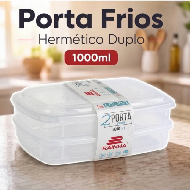 Porta Frios Hermético Duplo 2 Andares 1000 mL Empilhável Plástico Transparente Geladeira