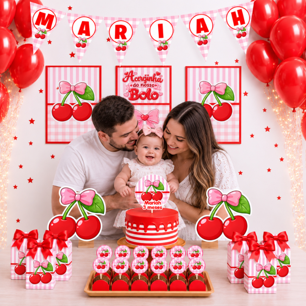 KIT FESTA SÓ UM BOLINHO PERSONALIZADO CEREJINHA PARA ANIVERSÁRIO E MESVERSÁRIO - DECORAÇÃO - LEMBRANCINHA - 53 PEÇAS