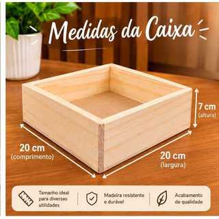 Caixote Organizador de Madeira Pinus – Caixa Multiuso para Decoração, Organização e Cestas - 20X20X7 (M)