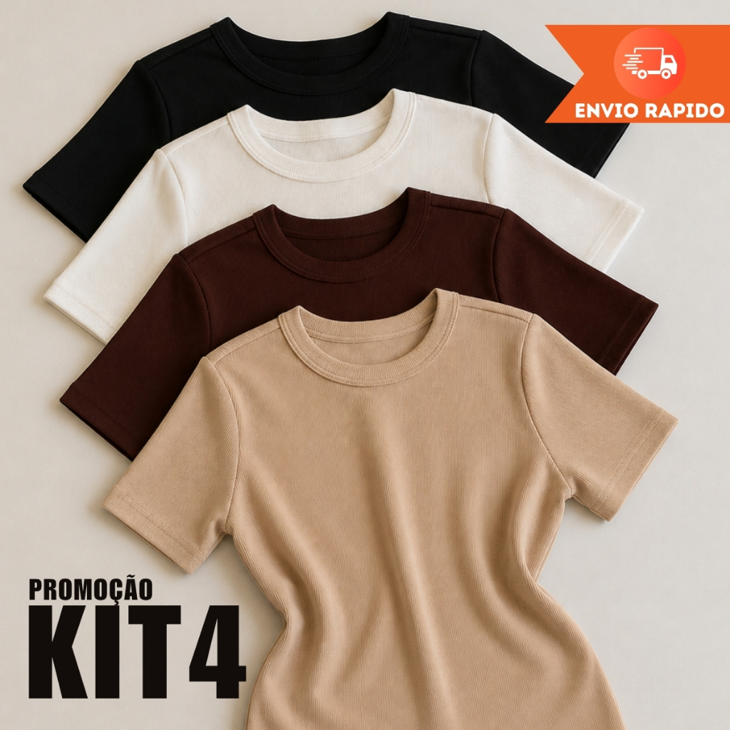 KIT 4 Blusas Feminina Ribana Básica Casual Canelada Baby Tee Estilosa Moda Verão