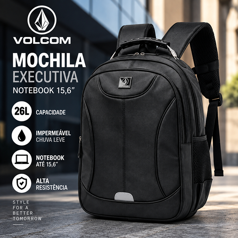Mochila Volcom Masculina Executiva Notebook 15,6 Trabalho Reforçada Impermeável 26L