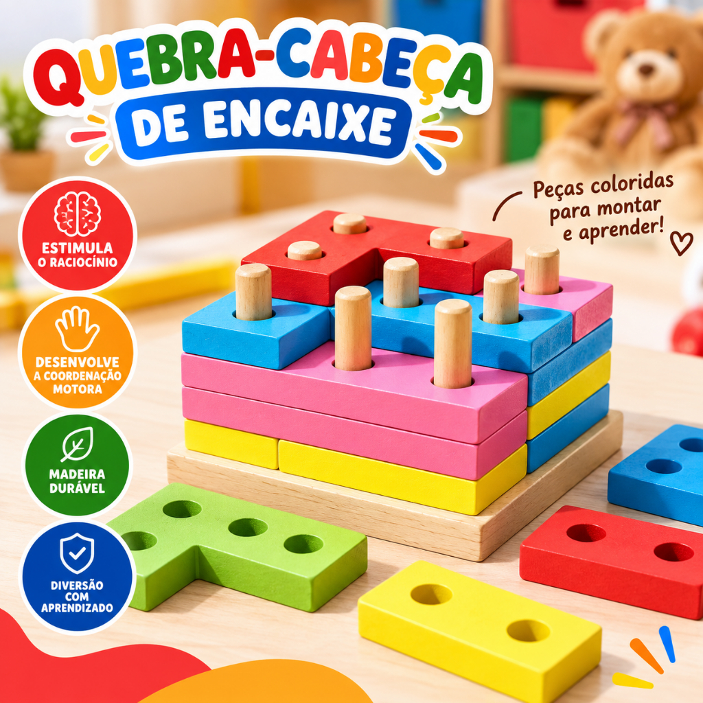 Brinquedo Pedagógico Montessori Encaixe Divertido Formas Mdf Tetris Encaixes Colunas Cores e Formas