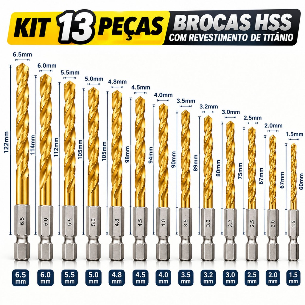 Kit 13 Brocas HSS Titânio com Haste Hexagonal 1/4" Troca Rápida para Furadeira e Parafusadeira Madeira Plástico Alumínio