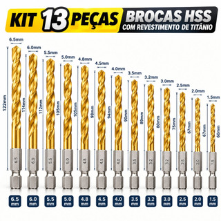 Kit 13 Brocas HSS Titânio com Haste Hexagonal 1/4" Troca Rápida para Furadeira e Parafusa…