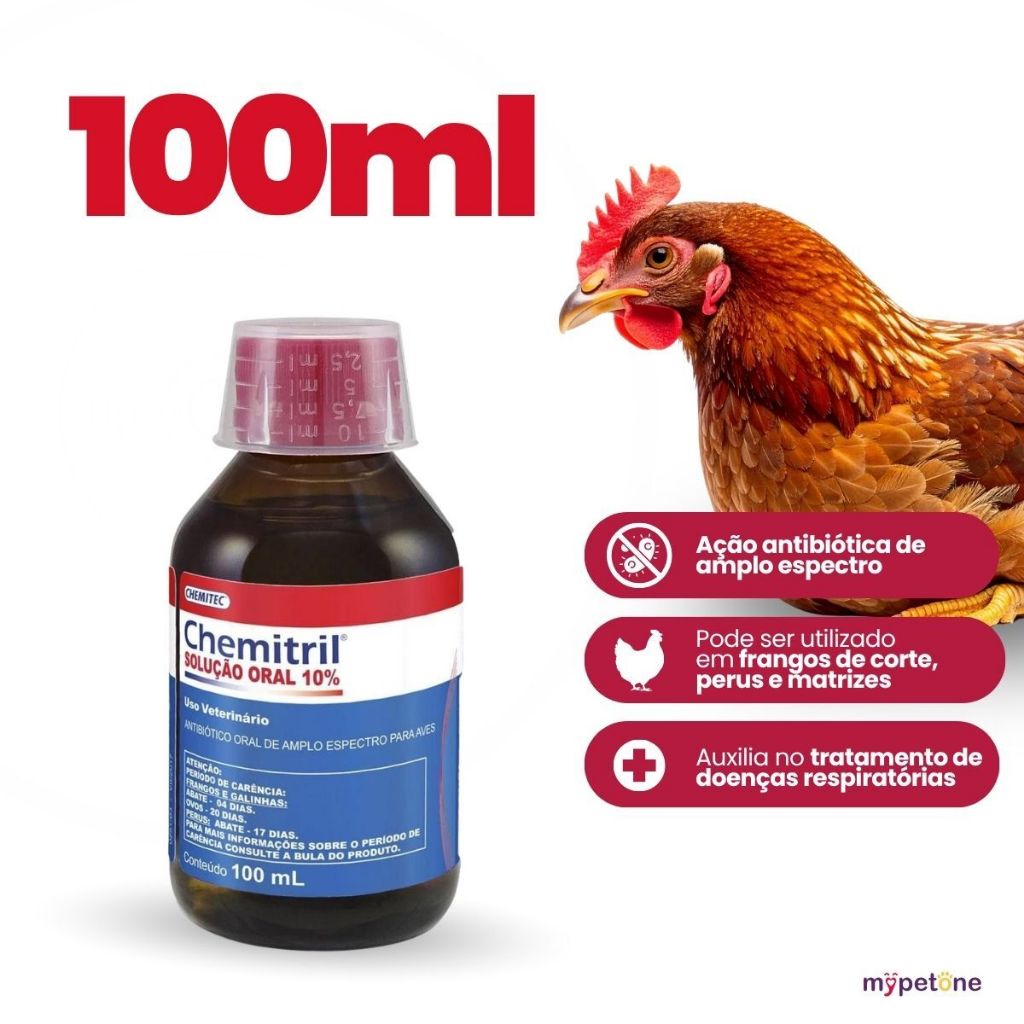 Chemitril Oral 10% 100ml Para Aves Eficaz Contra Infecções - Chemitec