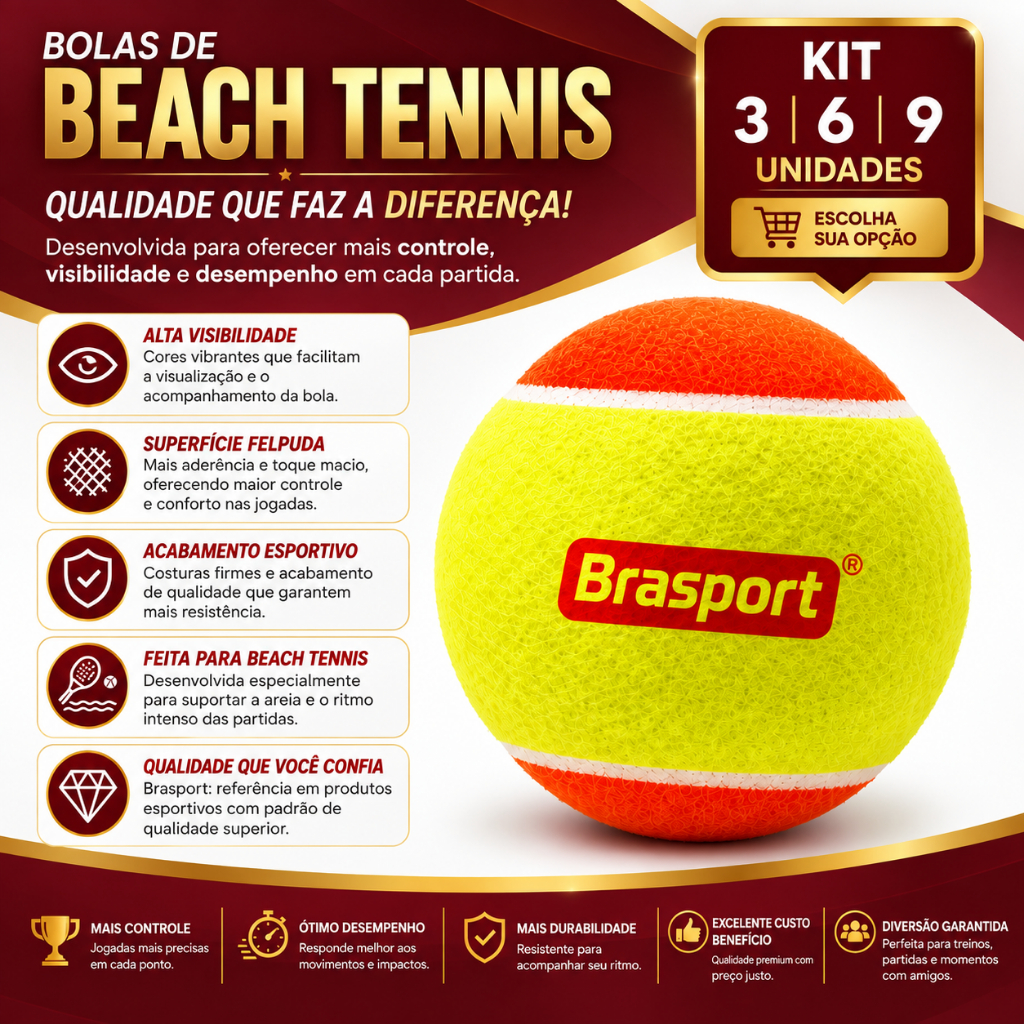 Bolas Beach Tennis Brasport kit 3/6/9 Unidades Profissional Treino Jogo Praia Quadra Esporte Lazer Alta Visibilidade