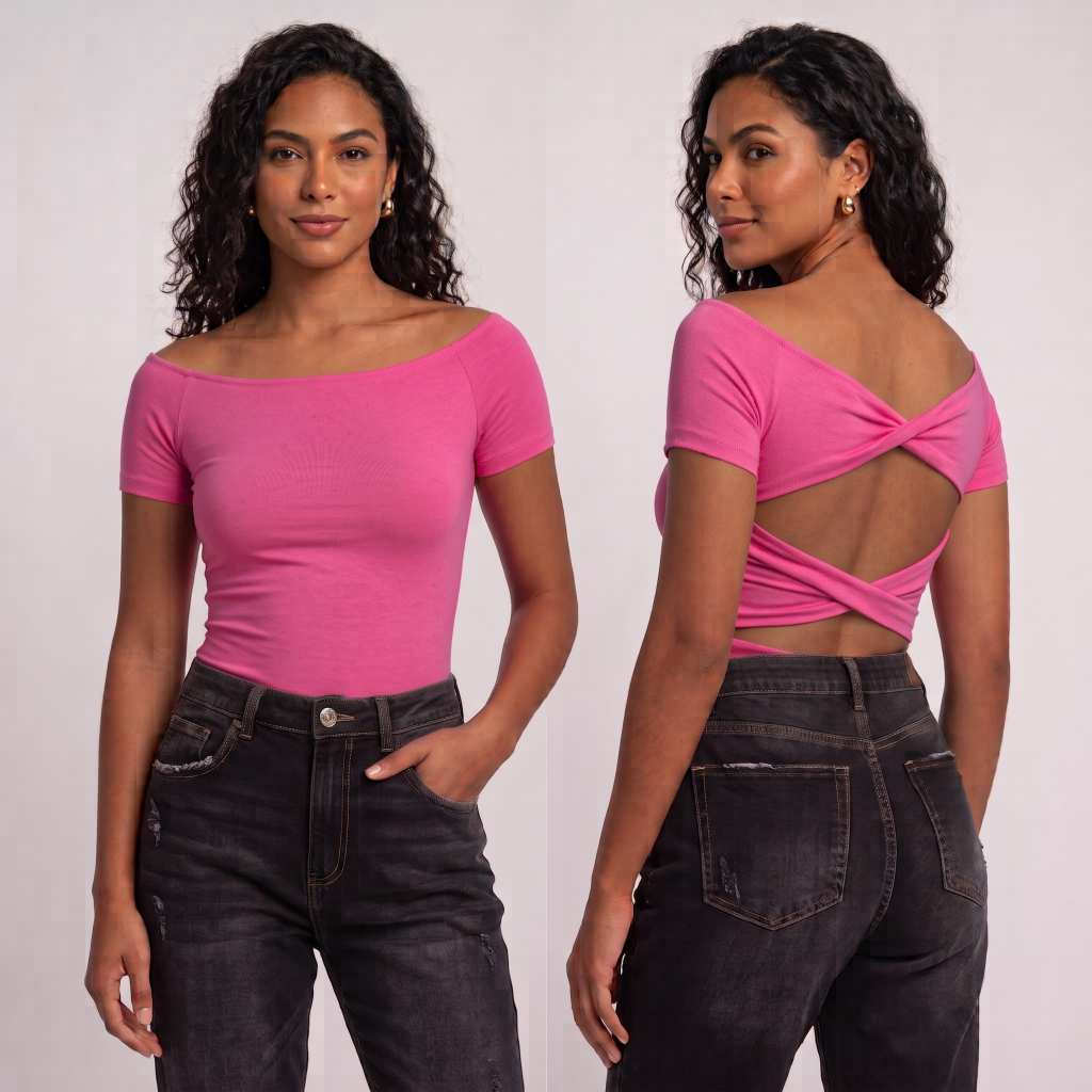 Blusa Feminina Recorte Vazado Torcido nas Costas Ombro a Ombro Slim — imagem 2 de 2