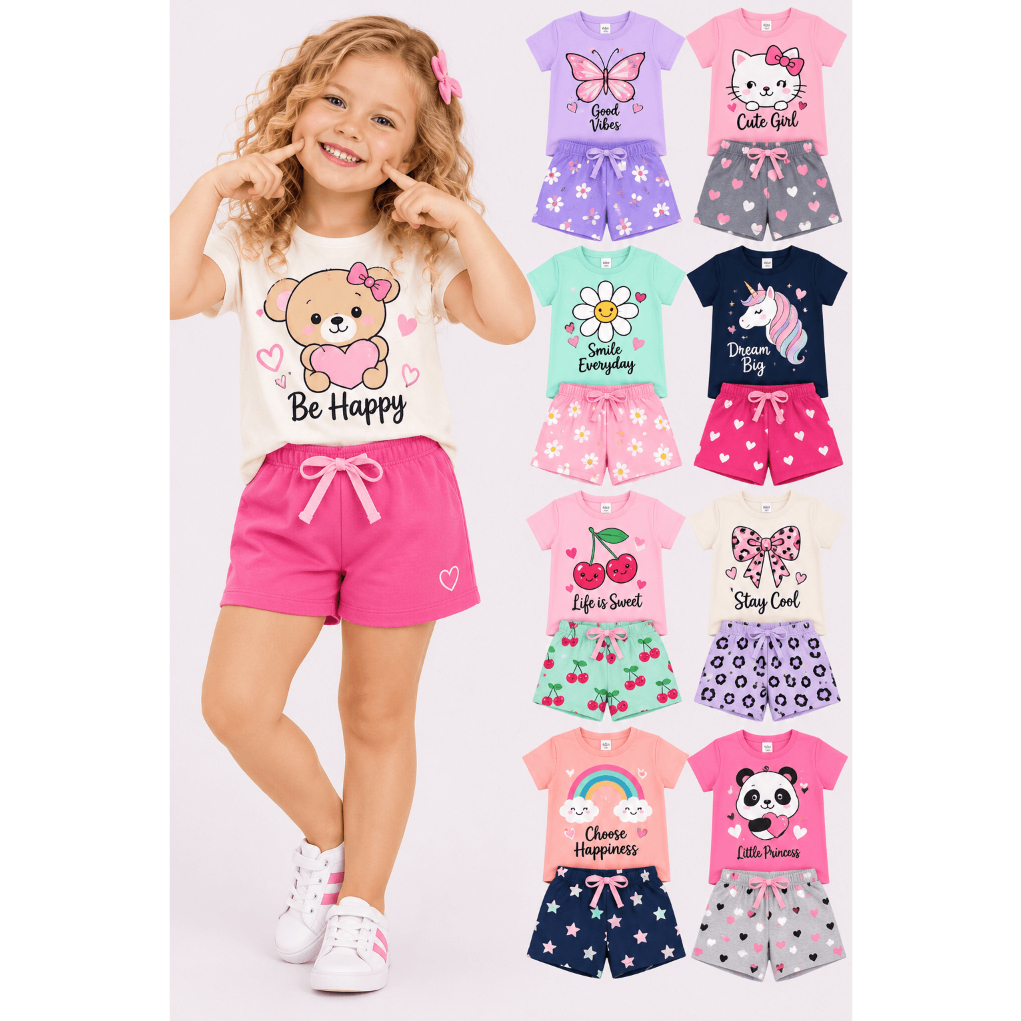 Kit Sortido 6 Peças Verão Coleção 3 Conjuntos Infantil Feminino/Menina Blusas + Shorts Infantil 100% Algodão 1 ao 8 Anos