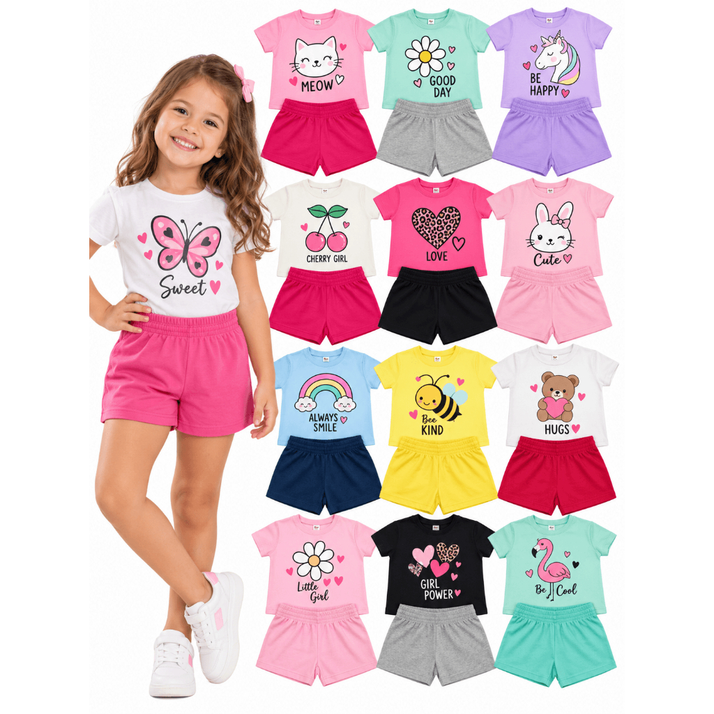 Kit Sortido 8 Peças Verão Coleção 4 Conjuntos Infantil Feminino/Menina Blusas + Shorts Infantil 100% Algodão 1 ao 8 Anos