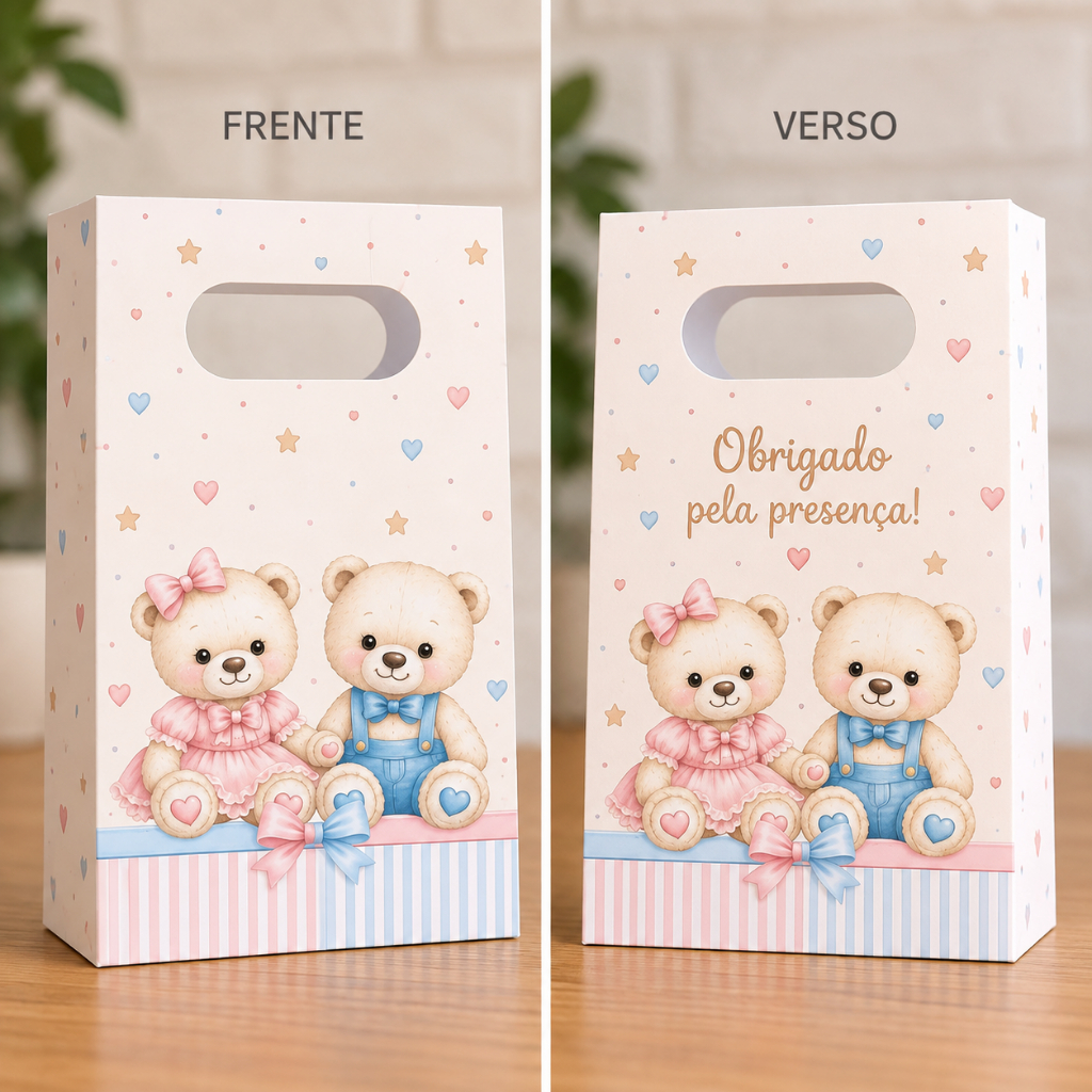Sacolinha Surpresa Personalizada Lembrancinha Chá Bebê Gêmeos Ursinho Rosa e Azul - Chá Revelação