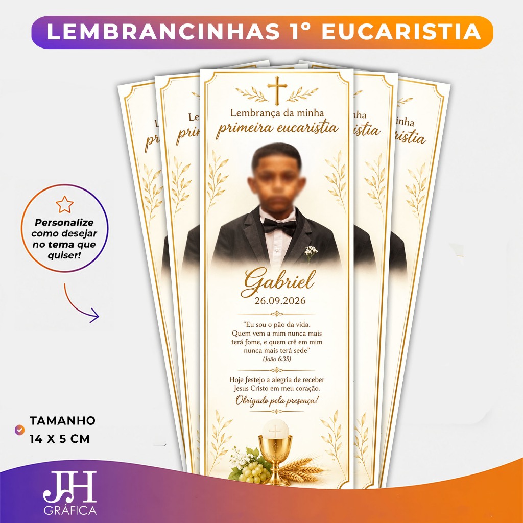 Ima de geladeira Lembrancinha da Primeira Eucaristia branco e dourado com foto personalizado I 14x5cm