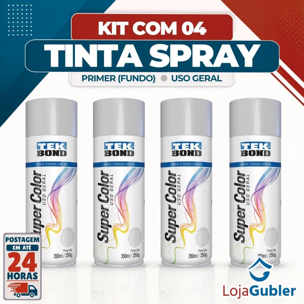 Kit 4 Primer Spray Tekbond Secagem Rápida Brilhante 350ml Uso Geral Alta Cobertura
