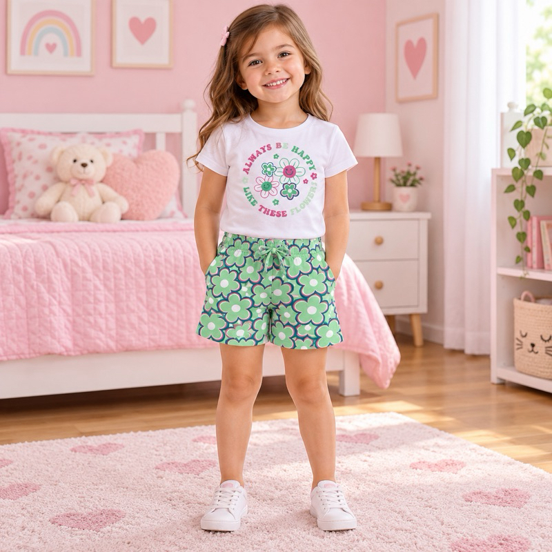 Conjunto Infantil Feminino Alenice Camiseta Flores e Short Floral Verde – Tamanho 4