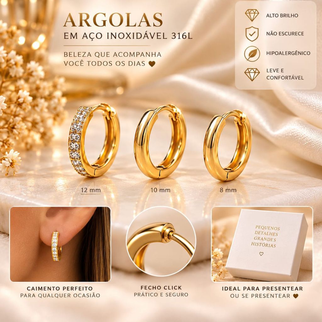 Brinco Argola Feminino Dourado Aço 316L Antialérgico Resistente Água Não Escurece Kit 3 Pares Luxo..