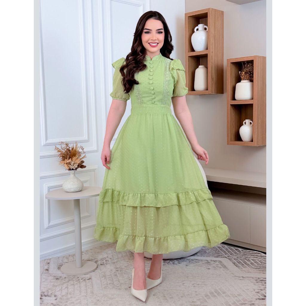Vestido Feminino com Glitter Maxi Gola Padre e Mangas Bufantes Funcionais Frontais com Zíper nas Costas Tecido Chiffon
